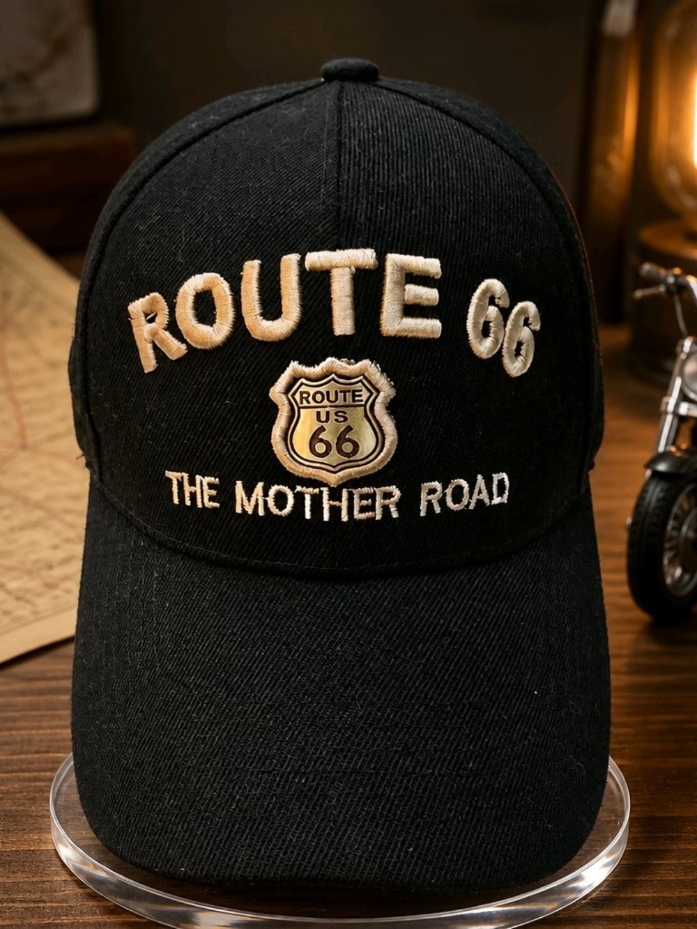 Route 66 Black Embroidered Baseball Cap - The Mother Road